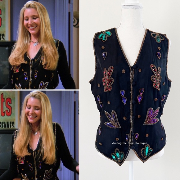 Jackets & Blazers - Rare 90s Vintage Embellished Sequin & Beaded Silk Vest ASO Phoebe in Friends